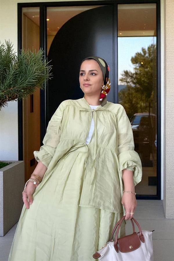 Pamuk Vual Kimono Etekli Takım | Astarlı | 36-44 Beden Yeşil