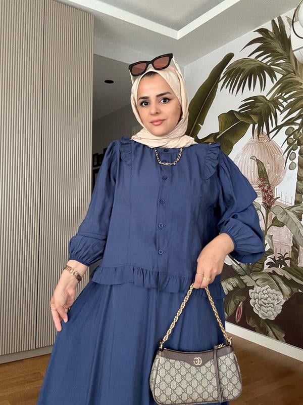 Pamuklu Fırfır Detay Yazlık Etekli Takım – Lacivert