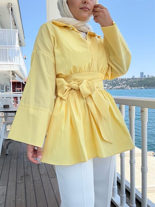Poplin Kimono Gömlek – Belden Kuşaklı, Düğmeli Sarı