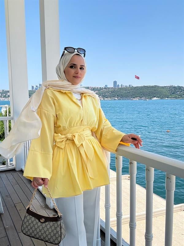 Poplin Kimono Gömlek – Belden Kuşaklı, Düğmeli Sarı