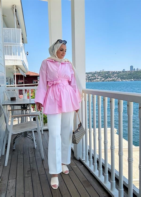 Poplin Kimono Gömlek – Belden Kuşaklı, Düğmeli Pembe