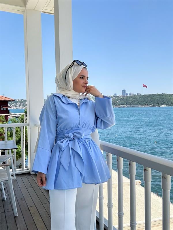 Poplin Kimono Gömlek – Belden Kuşaklı, Düğmeli Mavi