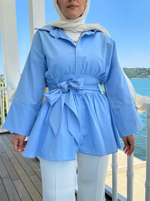 Poplin Kimono Gömlek – Belden Kuşaklı, Düğmeli Mavi