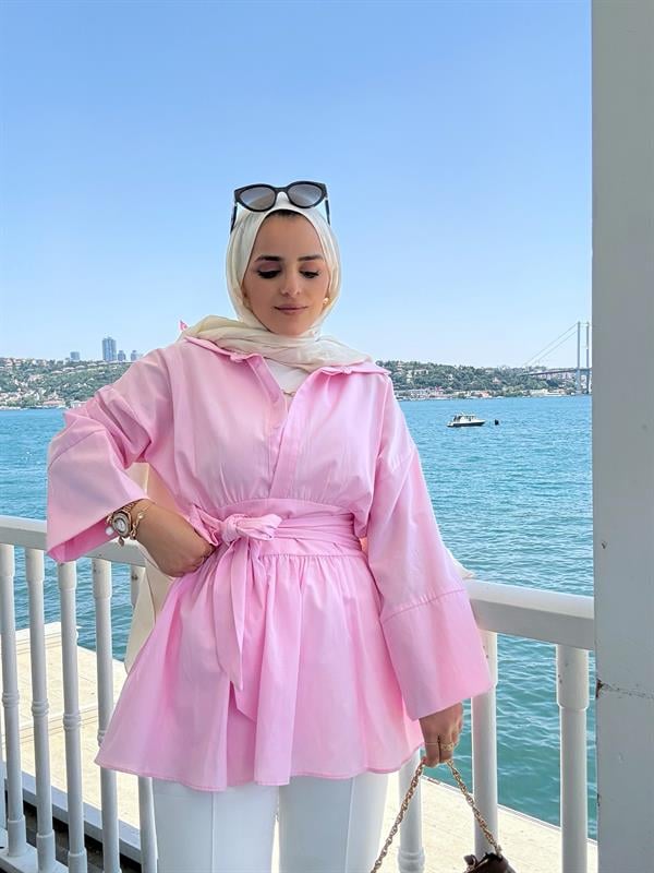 Poplin Kimono Gömlek – Belden Kuşaklı, Düğmeli Pembe