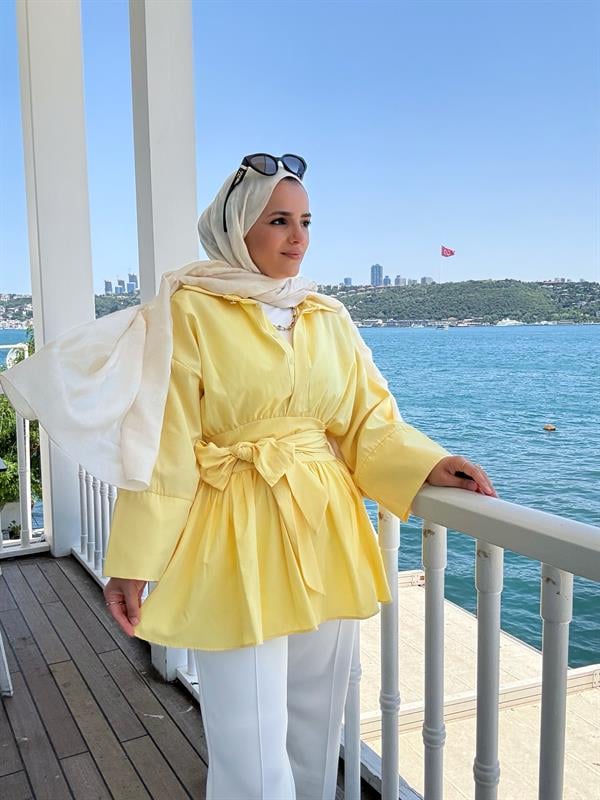 Poplin Kimono Gömlek – Belden Kuşaklı, Düğmeli Sarı