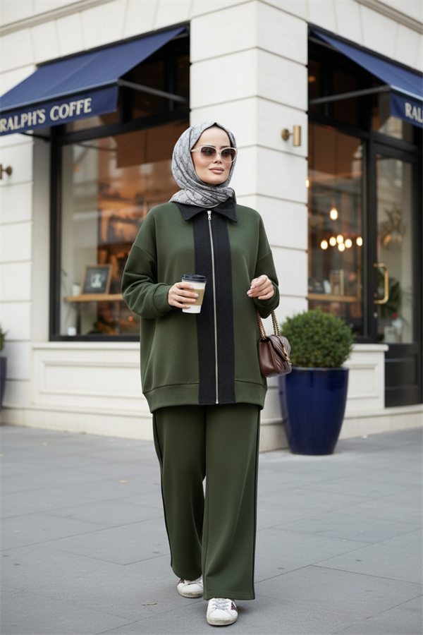 Nordic Selanik- Kaşe Detaylı Oversize Takım |Hakiyeşil