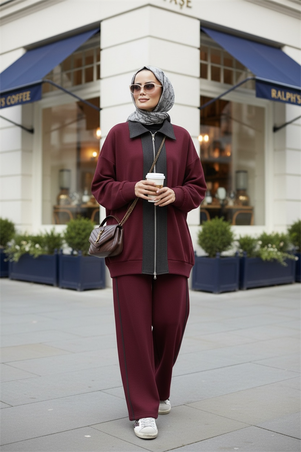 Nordic Selanik- Kaşe Detaylı Oversize Takım | Bordo