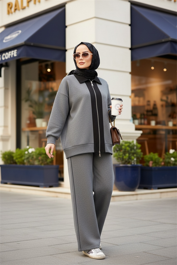 Nordic Selanik- Kaşe Detaylı Oversize Takım |Gri