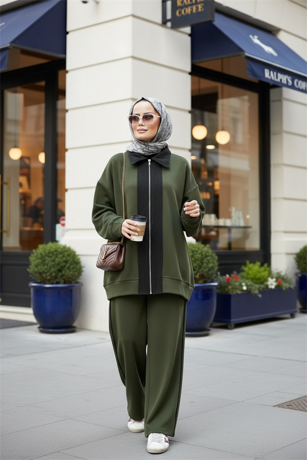 Nordic Selanik- Kaşe Detaylı Oversize Takım |Hakiyeşil