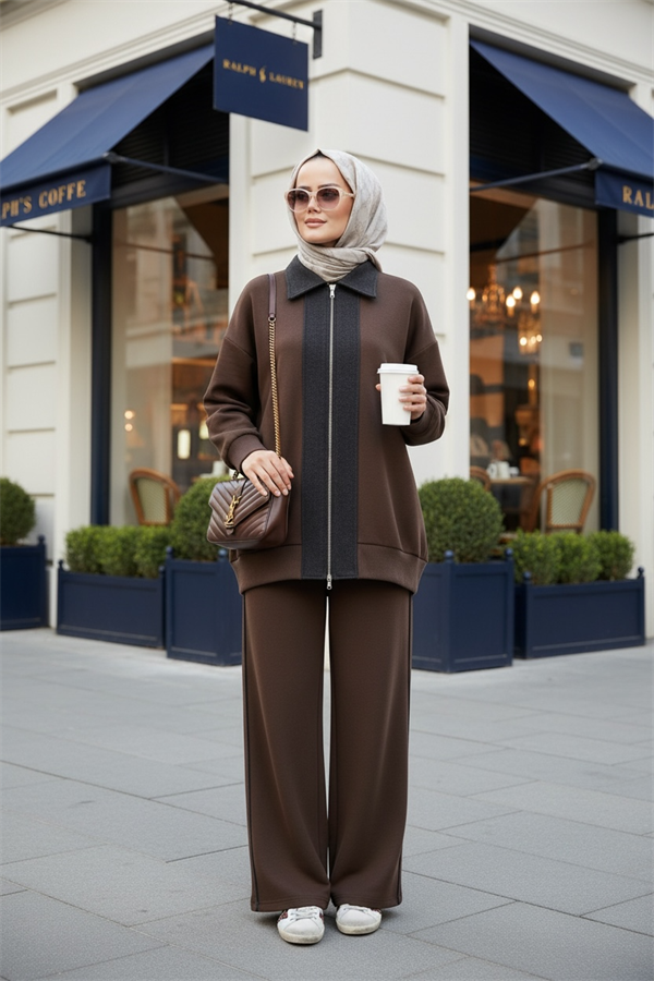 Nordic Selanik- Kaşe Detaylı Oversize Takım |AcıKahve