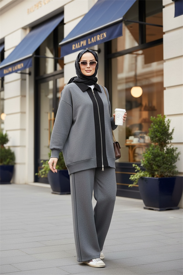 Nordic Selanik- Kaşe Detaylı Oversize Takım |Gri