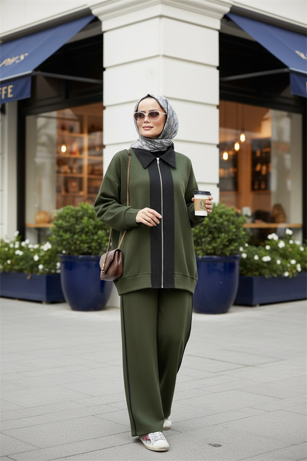Nordic Selanik- Kaşe Detaylı Oversize Takım |Hakiyeşil