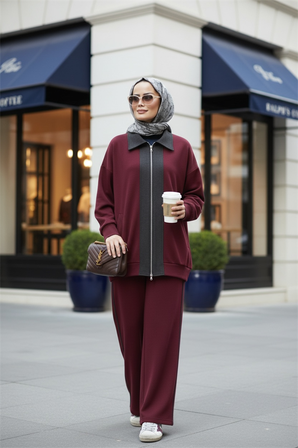 Nordic Selanik- Kaşe Detaylı Oversize Takım | Bordo