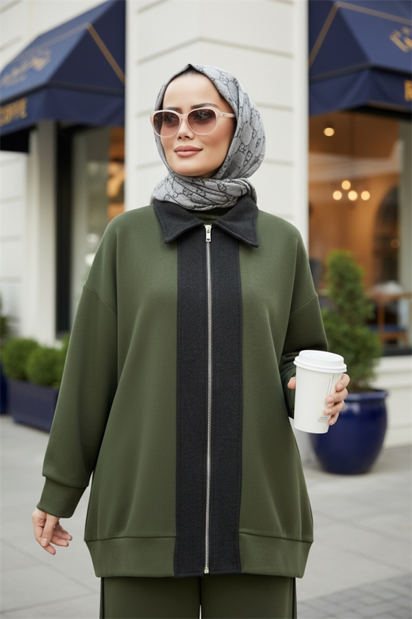 Nordic Selanik- Kaşe Detaylı Oversize Takım |Hakiyeşil