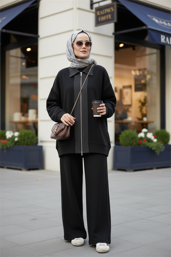 Nordic Selanik- Kaşe Detaylı Oversize Takım | Siyah