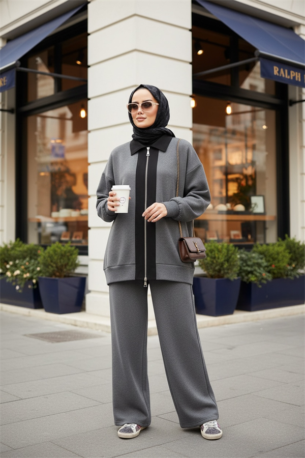 Nordic Selanik- Kaşe Detaylı Oversize Takım |Gri