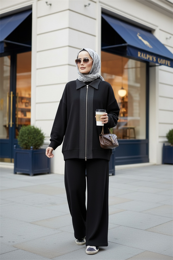 Nordic Selanik- Kaşe Detaylı Oversize Takım | Siyah
