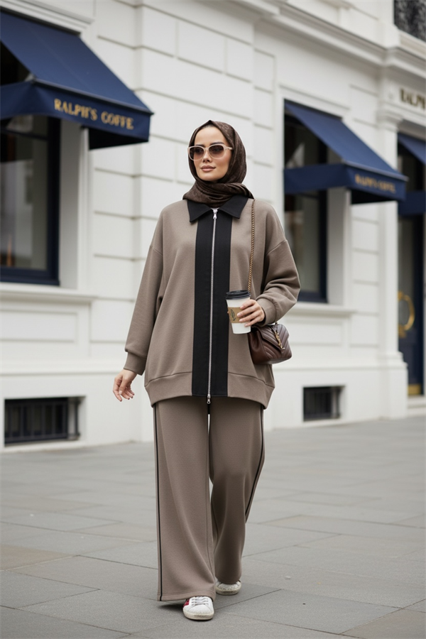 Nordic Selanik- Kaşe Detaylı Oversize Takım |Vizonkahve