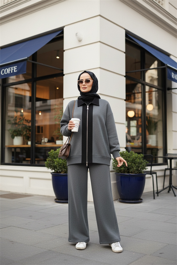 Nordic Selanik- Kaşe Detaylı Oversize Takım |Gri