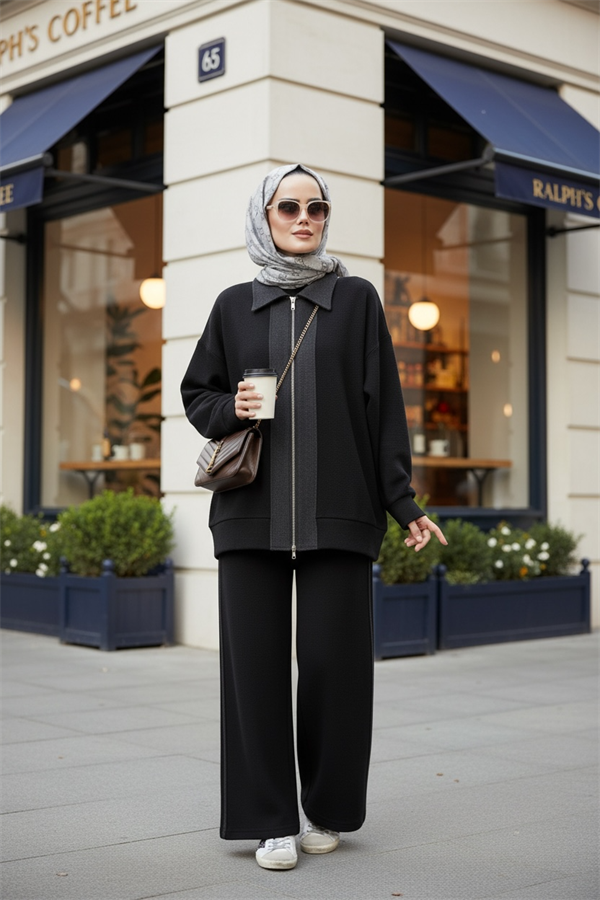 Nordic Selanik- Kaşe Detaylı Oversize Takım | Siyah