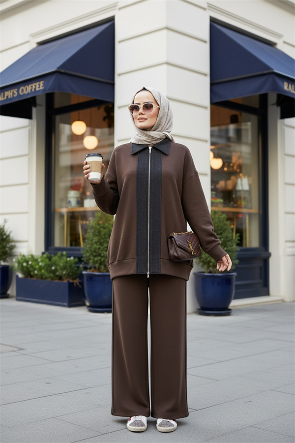 Nordic Selanik- Kaşe Detaylı Oversize Takım |AcıKahve