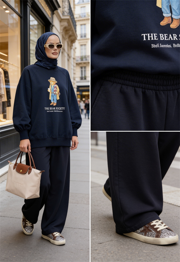 Bear Sea Comfort Pamuklu Oversize Takım – Bol Paça Rahat Kesim -Lacivert
