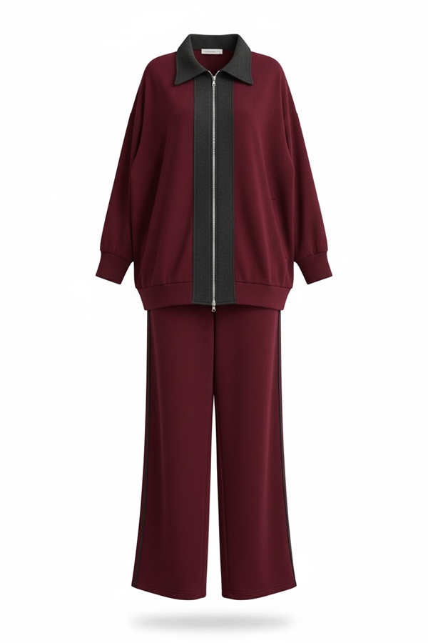 Nordic Selanik- Kaşe Detaylı Oversize Takım | Bordo