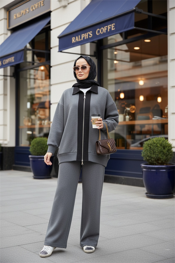 Nordic Selanik- Kaşe Detaylı Oversize Takım |Gri
