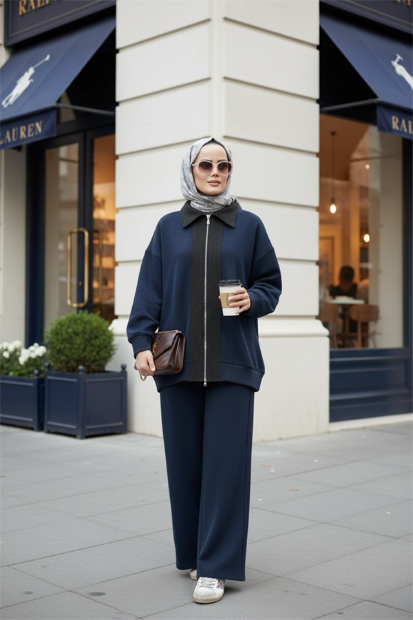 Nordic Selanik- Kaşe Detaylı Oversize Takım |Lacivert