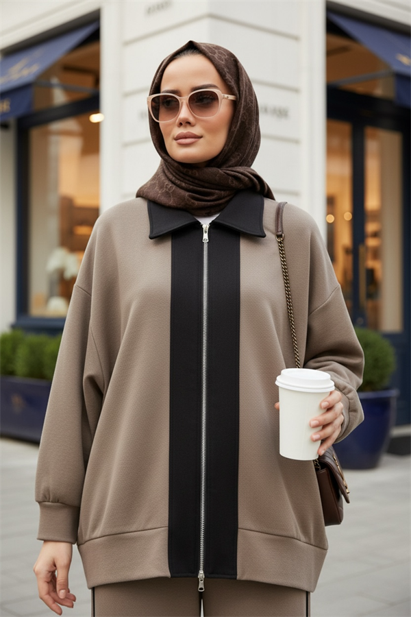 Nordic Selanik- Kaşe Detaylı Oversize Takım |Vizonkahve