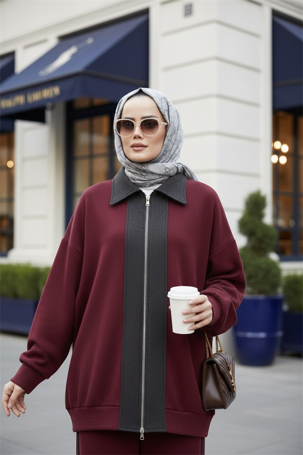 Nordic Selanik- Kaşe Detaylı Oversize Takım | Bordo