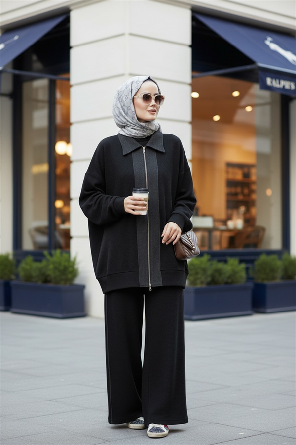 Nordic Selanik- Kaşe Detaylı Oversize Takım | Siyah