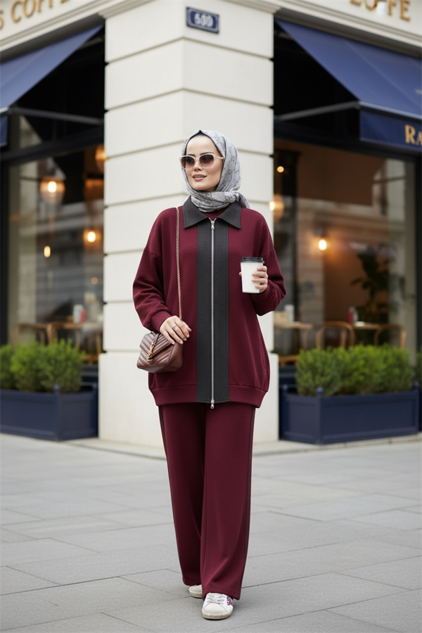 Nordic Selanik- Kaşe Detaylı Oversize Takım | Bordo