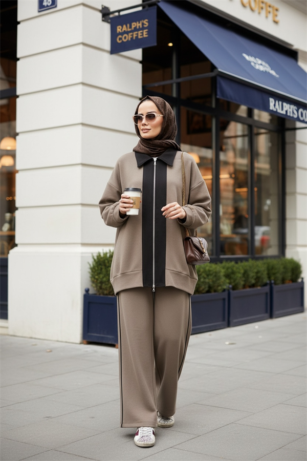 Nordic Selanik- Kaşe Detaylı Oversize Takım |Vizonkahve