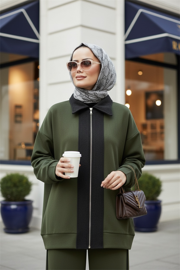 Nordic Selanik- Kaşe Detaylı Oversize Takım |Hakiyeşil