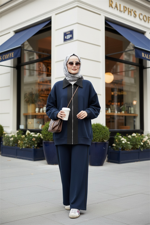 Nordic Selanik- Kaşe Detaylı Oversize Takım |Lacivert