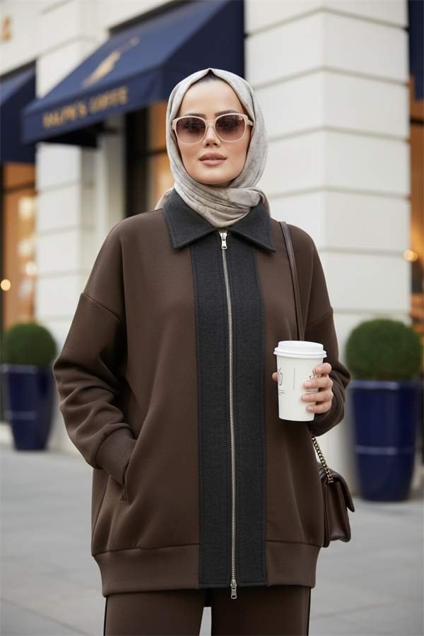 Nordic Selanik- Kaşe Detaylı Oversize Takım |AcıKahve