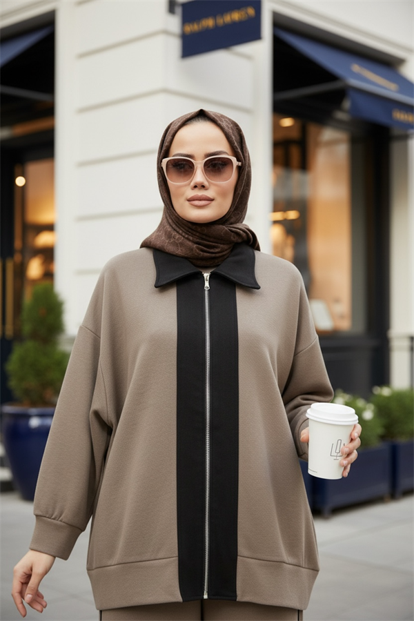 Nordic Selanik- Kaşe Detaylı Oversize Takım |Vizonkahve
