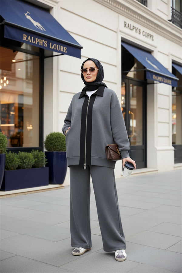 Nordic Selanik- Kaşe Detaylı Oversize Takım |Gri