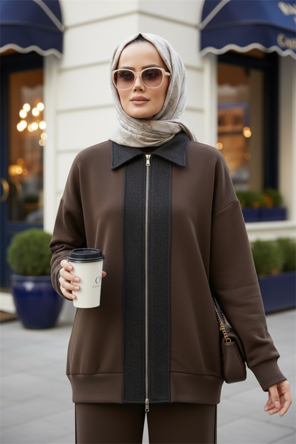 Nordic Selanik- Kaşe Detaylı Oversize Takım |AcıKahve