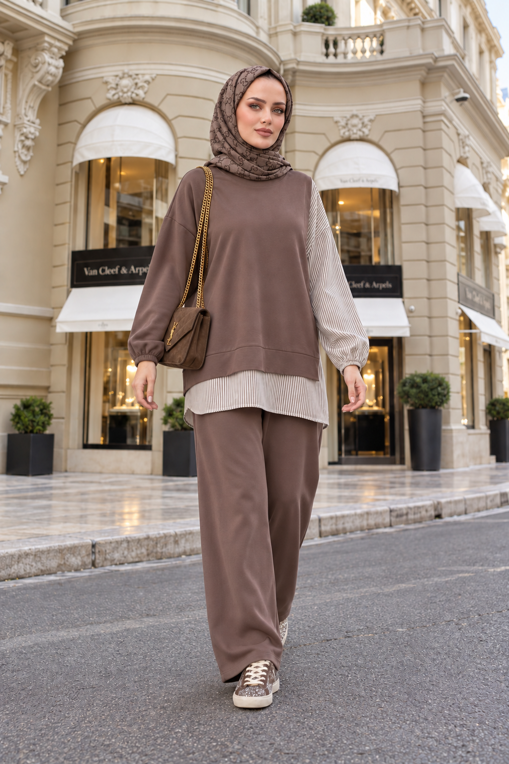Striped Shirt-Detailed Tunic Two-Piece Set | Coffee Tunic with Pocketed Wide-Leg Pants