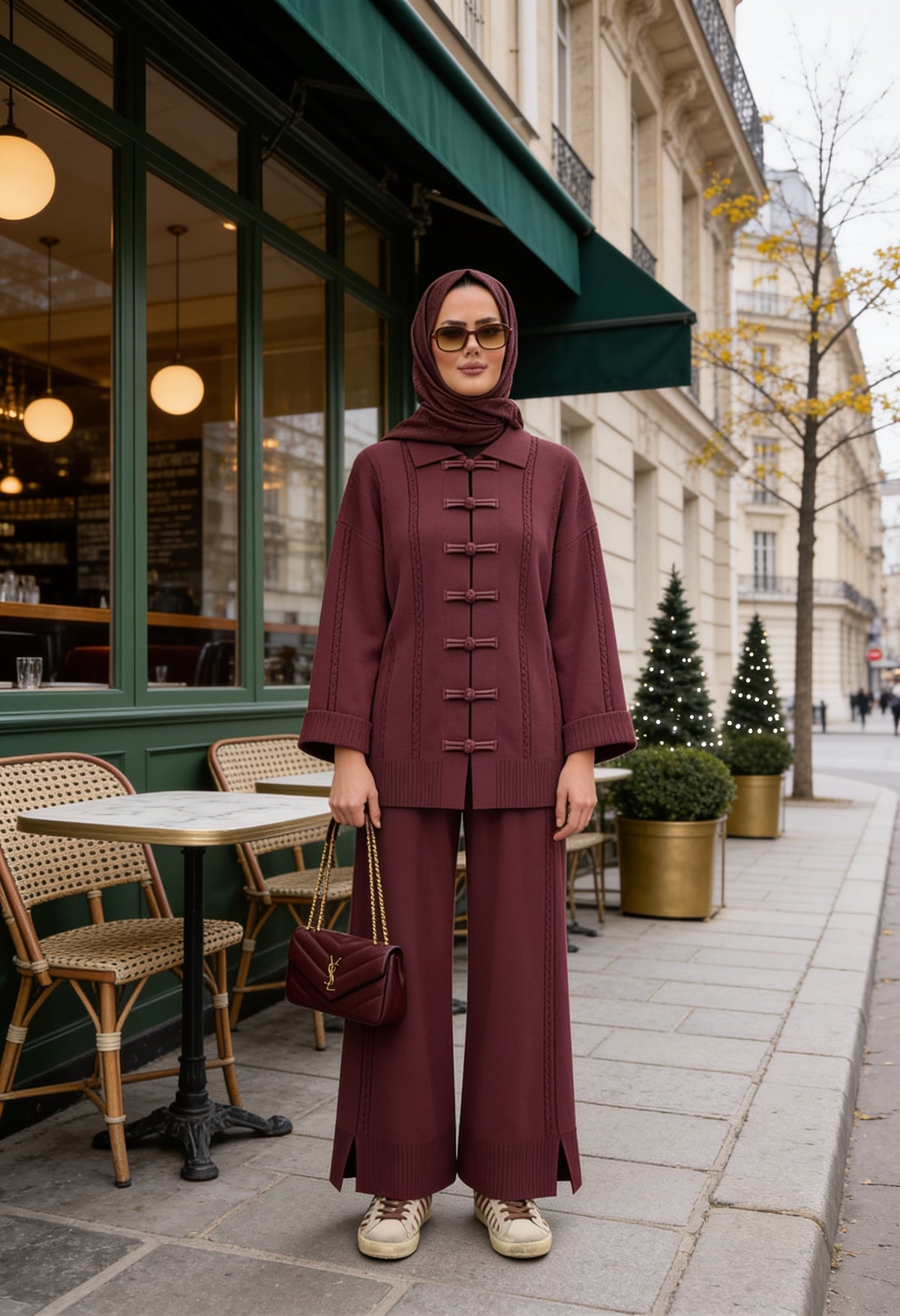 Çin Düğme Detaylı Kuşaklı Triko İkili Takım Mürdüm