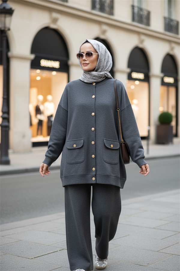Oslo Selanik Kumaş Hırka İkili Takım – Oversize Kalıp – Kışlık Tesettür Takım Gri