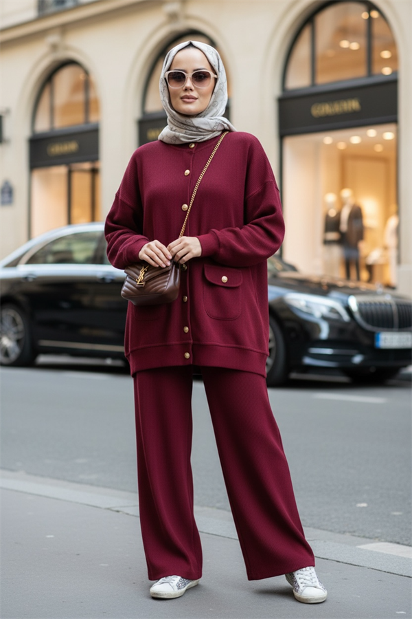 Oslo Selanik Kumaş Hırka İkili Takım – Oversize Kalıp – Kışlık Tesettür Takım Bordo