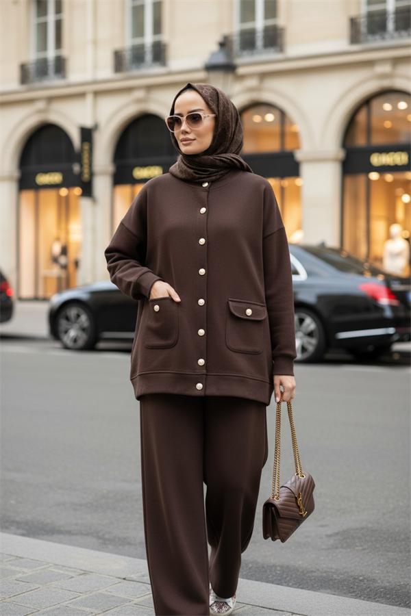 Oslo Selanik Kumaş Hırka İkili Takım – Oversize Kalıp – Kışlık Tesettür Takım Acıkahve