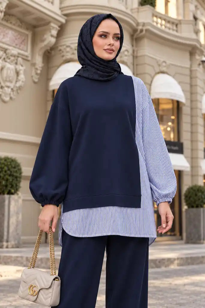 Striped Shirt Detailed Tunic Two-Piece Set | Pocketed Wide Leg Trousers and Tunic Navy Blue