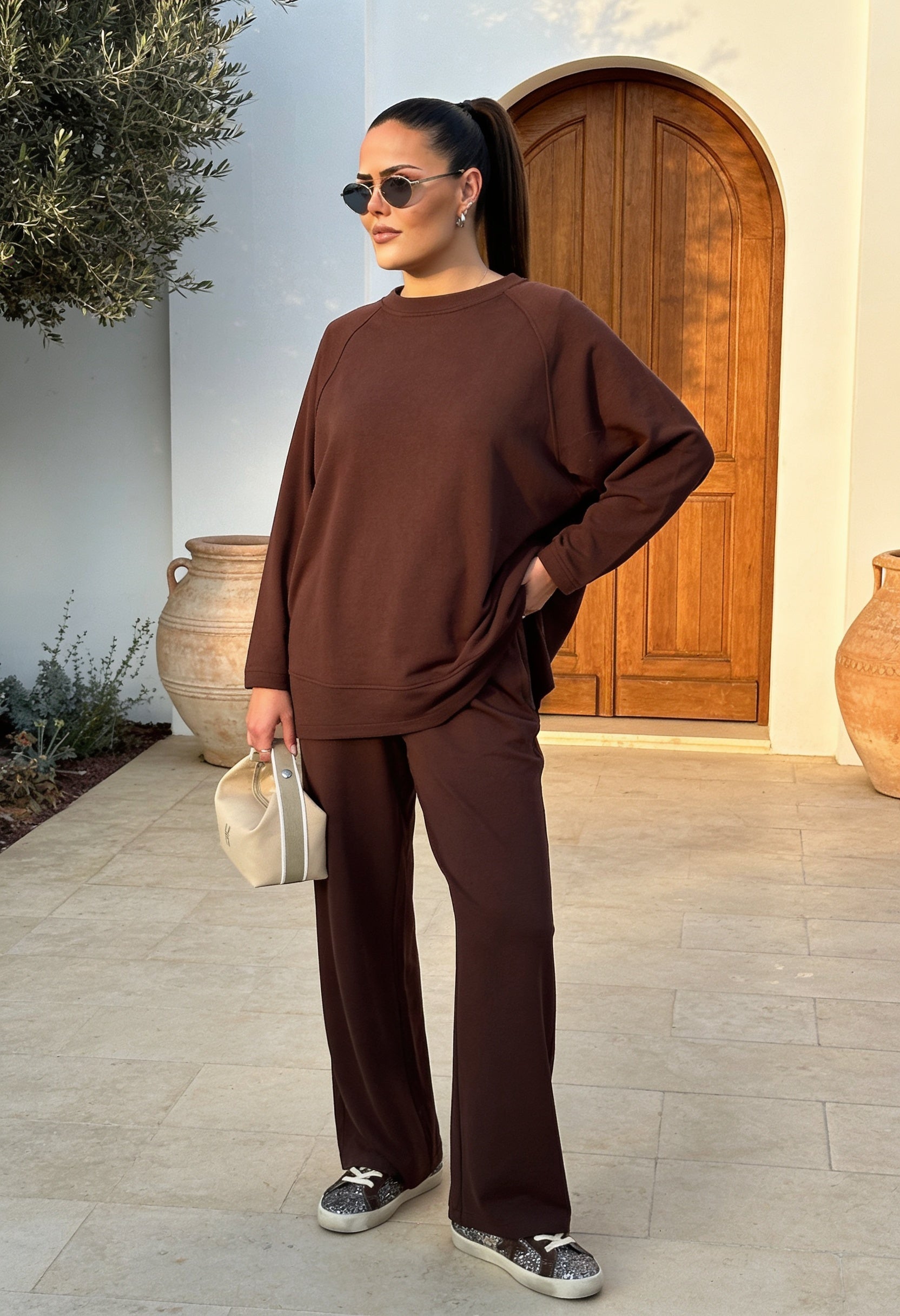 Aluna Modal Pantolonlu Takım | Oversize Rahat Kalıp-Acıkahve