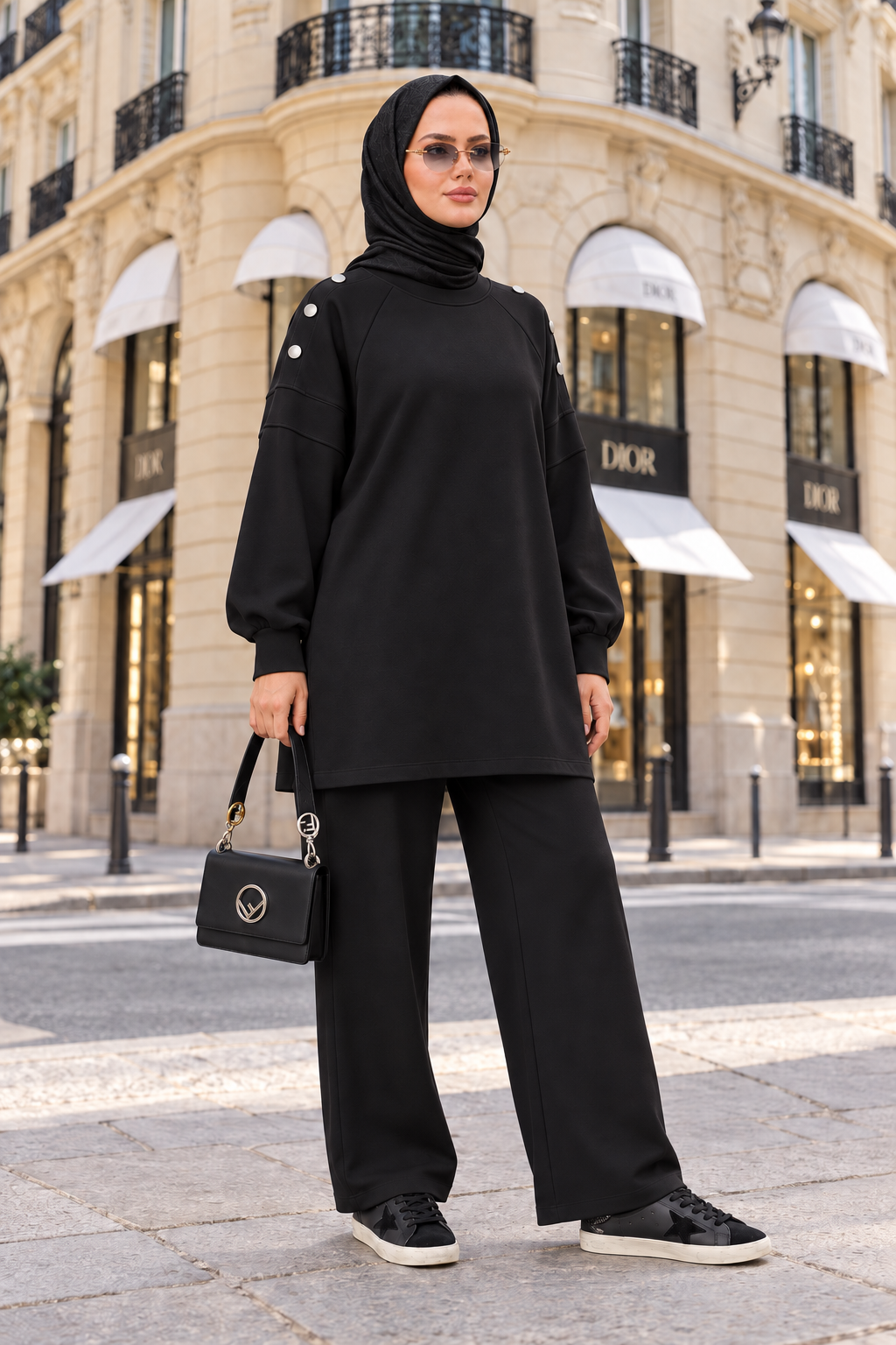 Mira Omuz Düğmeli Oversize Modal Pantolonlu Takım Siyah