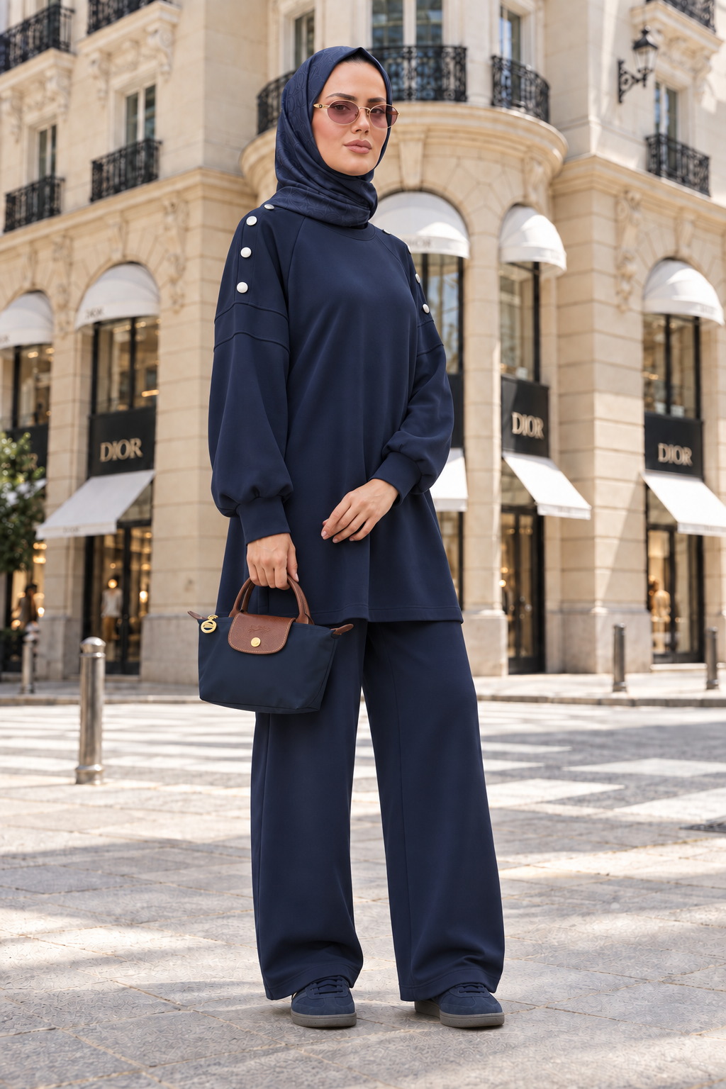 Mira Omuz Düğmeli Oversize Modal Pantolonlu Takım Lacivert