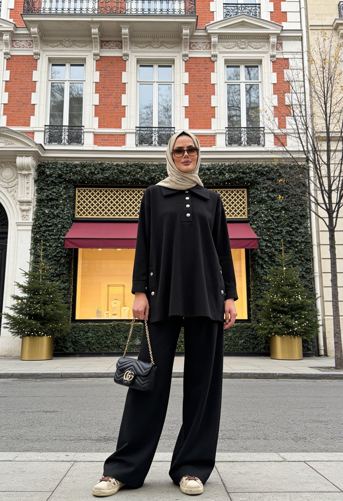 Alina Polo Yaka İkili Takım Siyah